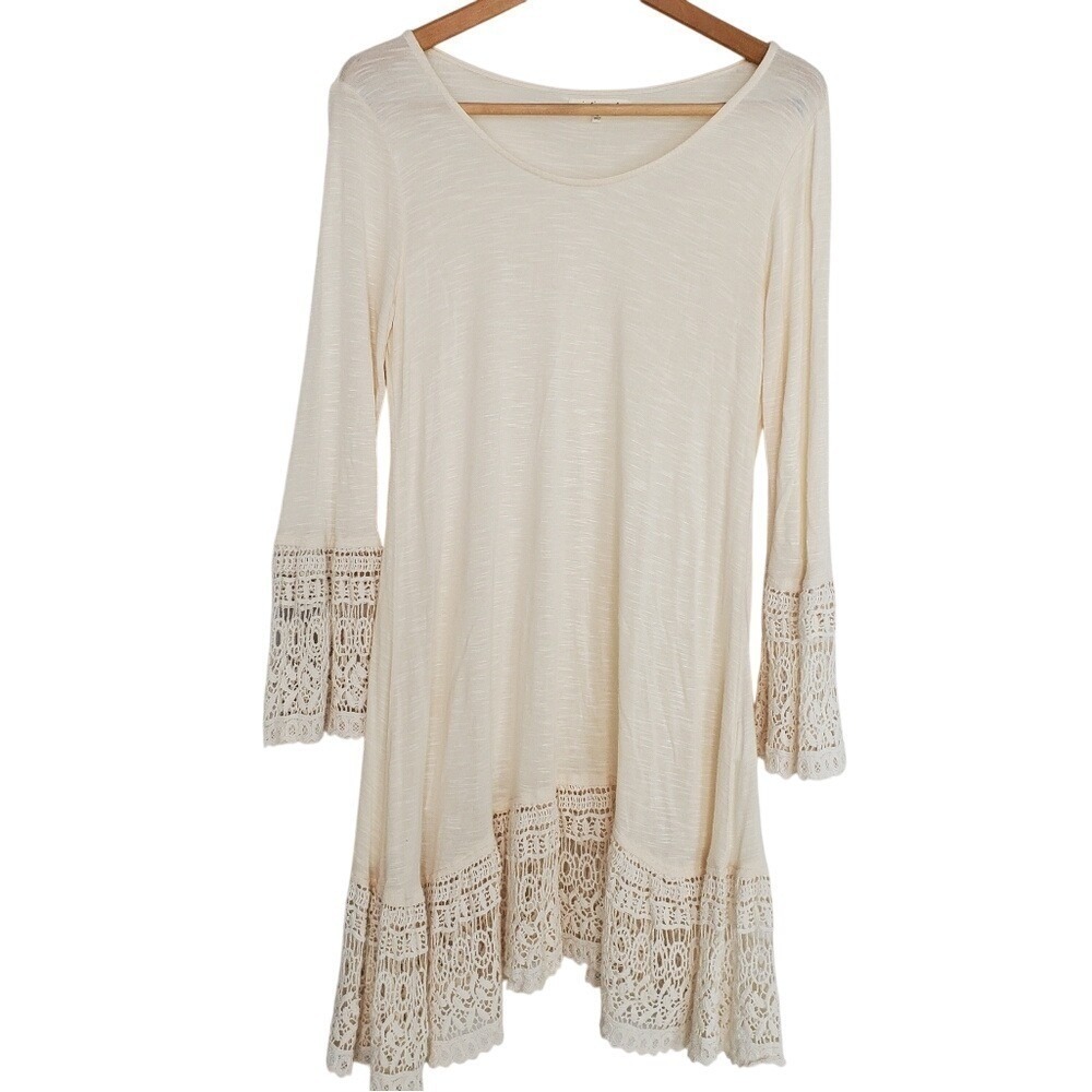 y2k Ethreal Tunic Dress Cream Crochet Lace Trim Boho Long Sleeve Slub Knit Small